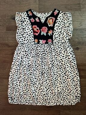 Black & White Spot Mini Dress with Floral Embroidered Yoke